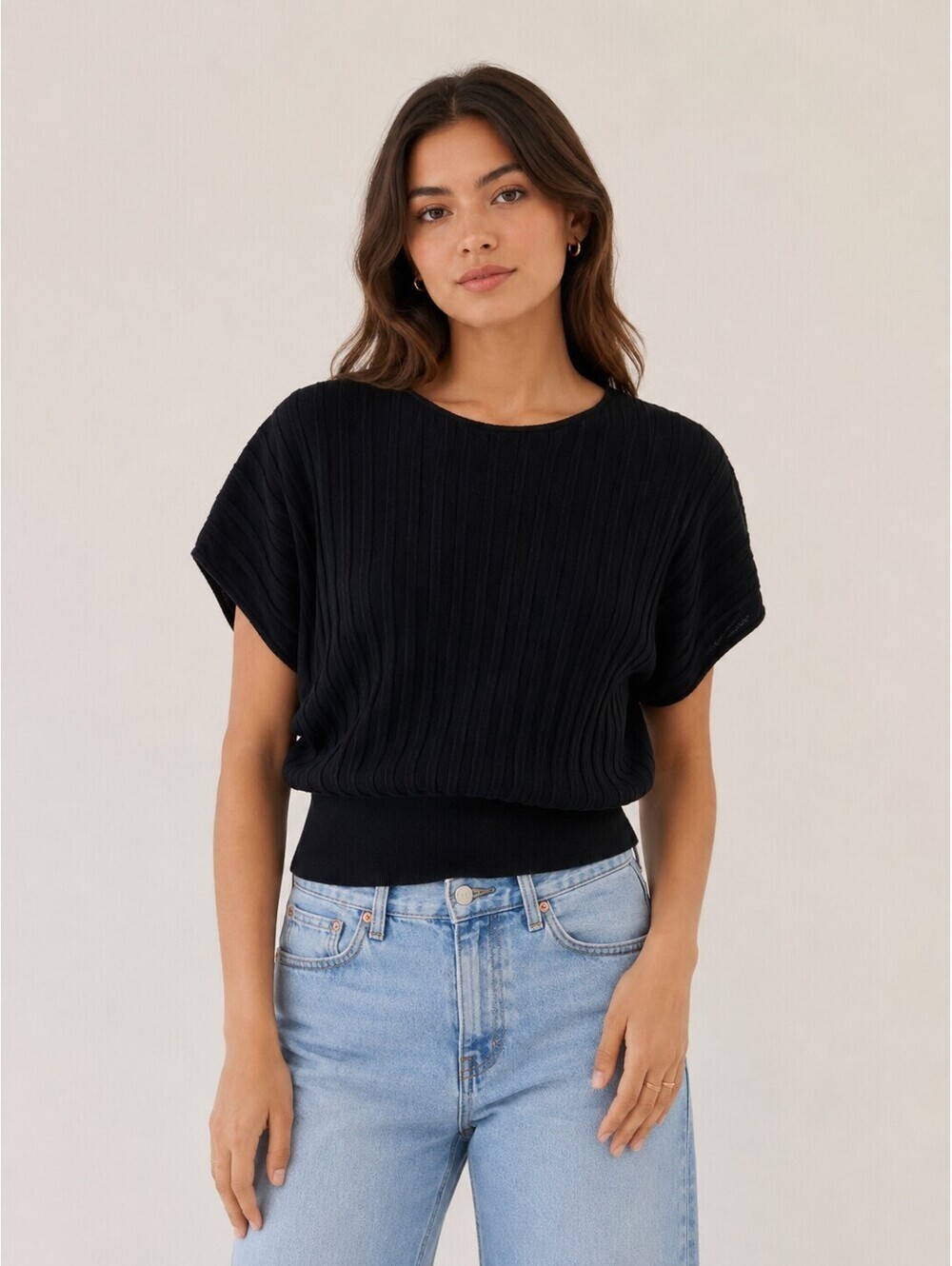 Mango Black Rib Knit Batwing Sweater Top Short Sleeve Cotton Blend S